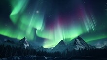 Snowy natural scenery at night with aurora sky. A beautiful green and red aurora dancing over the hills.