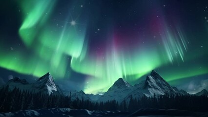 snowy natural scenery at night with aurora sky. a beautiful green and red aurora dancing over the hi