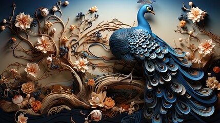 Wall Mural - bright color floral with exotic oriental trees pattern flowers and peacocks illustration background. 3d abstraction wallpaper for interior mural wall art decor.
