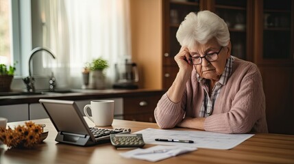 Elderly woman sitting thinking using laptop and writing in notebook at home table Study the concept of formula