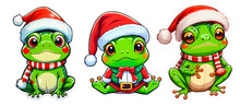 Set Of 3 Frogs Wearing Christmas Clothes Stickers On Transparent Background Illustration