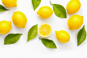 Lemons with green leaves on white background. Top view.