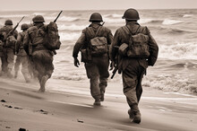 American Soldiers Walk Along The Beach Along The Coast. View From The Back. World War II