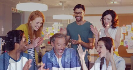 Canvas Print - Animation of multiple graphs, diverse coworkers clapping after hearing idea of coworker in office