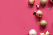 Leinwandbild Motiv Christmas balls and bow on purple background