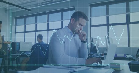 Poster - Animation of graph and grid pattern over thoughtful caucasian man analyzing reports on laptop