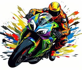 Wall Mural -  a person riding a motorcycle on a colorful background with paint splatters.  generative ai