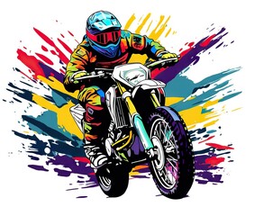 Wall Mural -  a person riding a motorcycle on a colorful background with paint splatters.  generative ai