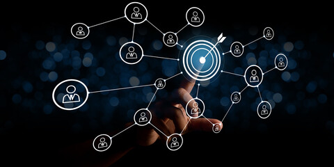 Wall Mural - white dartboard and white arrow connection linkage with human icon for customer focus target group a