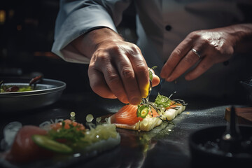 Wall Mural - Close up of professional chef cook man hands precisely cooking dressing preparing tasty fresh delicious mouthwatering gourmet dish food on plate