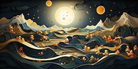 Wall Mural - Art mural wallpaper with dark blue and golden wave background. golden christmas tree and mountains, golden moon