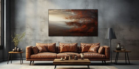 Frame gallery mockup in modern living room interior with leather sofa, minimalist industrial style