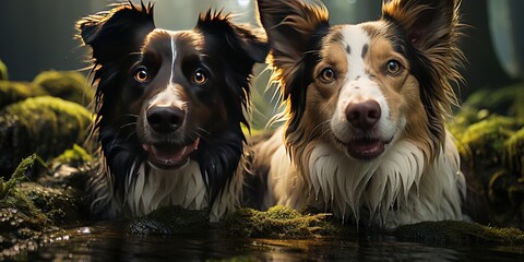 Two dogs in forest near lake. Two cute border collies in summer at water in the fog