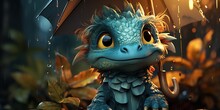 Cartoon Dragon With An Umbrella In The Rain, Cute Baby Dragon On The Background Of Leaves