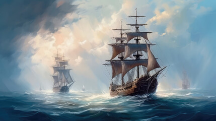 Wall Mural - Large ship sailing the ocean, oil painting art . Generative AI