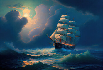 Wall Mural - Large ship sailing the ocean, oil painting art . Generative AI