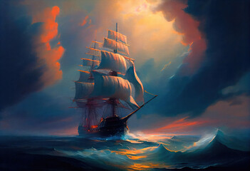 Wall Mural - Large ship sailing the ocean, oil painting art . Generative AI