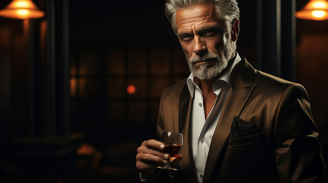 portrait of confident respectable handsome brutal masculine sharp-dressed mature man drinking bevera