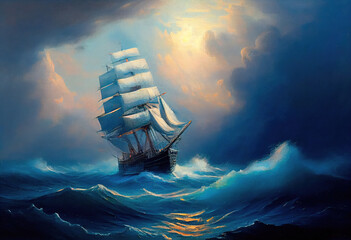 Wall Mural - Large ship sailing the ocean, oil painting art . Generative AI