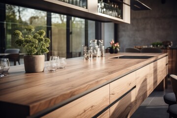 wooden kitchen shelf with dining utensil decorate item beautiful kitchen daylight cosy comfort minimal modern kitchen interior background