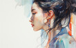 遠くを見る女性の横顔の水彩画