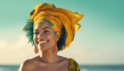 Sticker - Young African woman in turban on beach background