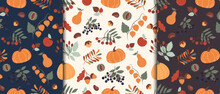 Autumn Seamless Pattern With Leaves, Pumpkin, Acorns, Mushrooms. Design With Hand Drawn Autumn Elements.