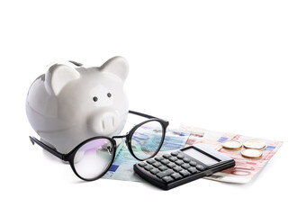 Piggy bank with money and calculator isolated on white background