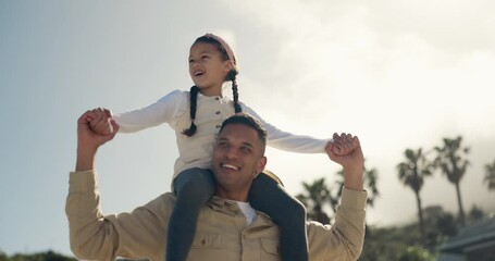 Wall Mural - Beach, walking and dad with child on shoulder, bonding and having fun together, relax and papa point at tropical sea. Sky, below view and happy father, kid or family support, care and piggyback girl