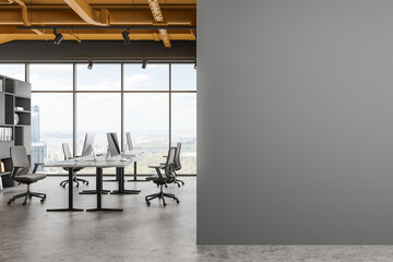 Wall Mural - Grey office interior with pc desktop and shelf, panoramic window. Mock up wall