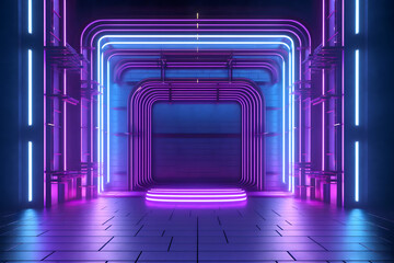 Wall Mural - Futuristic stage with purple and blue neon tubes on a reflective concrete room background, lights on stage, abstract background with lines