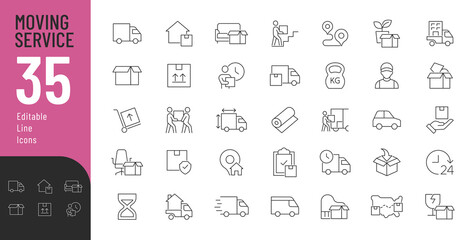 Moving Service Editable Icons set. Vector illustration in modern thin line style of types of freight transportation and related services: office moving, country moving, loading, packaging, e.s.t