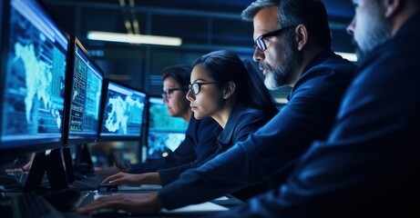 network security team in a cutting-edge control room, seeking potential cyber vulnerabilities