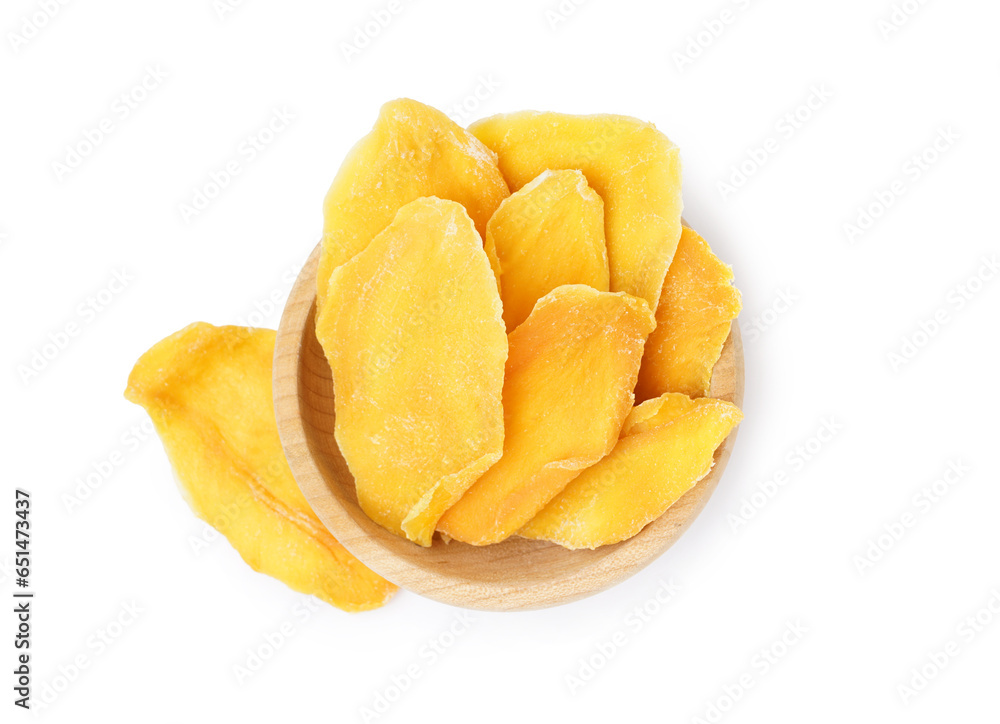 Bowl with slices of tasty dried mango on white background