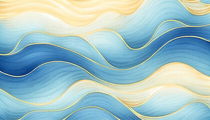 Wall Mural - Winter ocean wave, sun, sky watercolor abstract illustration. Nature blue, yellow happy cartoon snow wave or ocean holiday travel. Wavy water web banner backdrop, background graphic for copy space