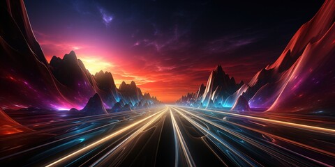 Wall Mural - abstract flight in retro neon hyper warp space in the tunnel