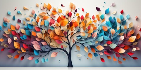 Elegant colorful tree with vibrant leaves hanging branches illustration background. Bright color