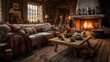 Rustic Comfort This cozy living room features a plaid sofa, a wooden coffee table with visible grain, and a stone fireplace Antique lamps and woven throw blankets add to the rustic charm