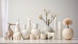 A close-up of minimalist decor in Scandinavian style. sleek figurines and stylish presents artfully arranged against a pristine white backdrop