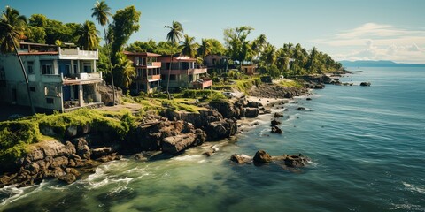 aerial view of rural private houses in remote suburbs located on sea coast near wildlife wetlands wi