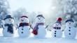 Five funny cheerful snowmen standing in winter Christmas landscape. Merry Christmas and happy New Year greeting card with copy-space. Winter background