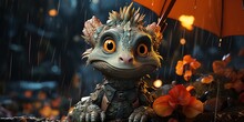 Cartoon Dragon With An Umbrella In The Rain, Cute Baby Dragon On The Background Of Leaves