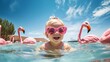 Funny blonde toddler girl swimming in the pool with pink flamingos and swim ring with water splash in the summer : Generative AI