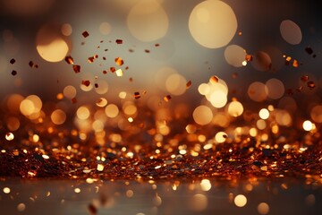 Gold and bronze glitter color confetti dots wave on beige. Abstract glow shine background. : Generative AI