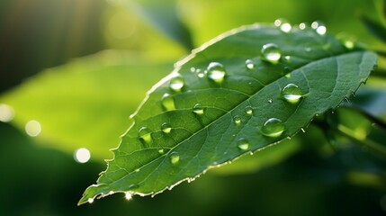 Poster - Large beautiful drops of transparent rain water on a green leaf macro. Drops of dew in the morning glow in the sun. Beautiful leaf texture in nature. Natural background : Generative AI