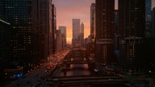Aerial Wide Footage. Downtown Chicago Street In The Amazing Sunset Time. 