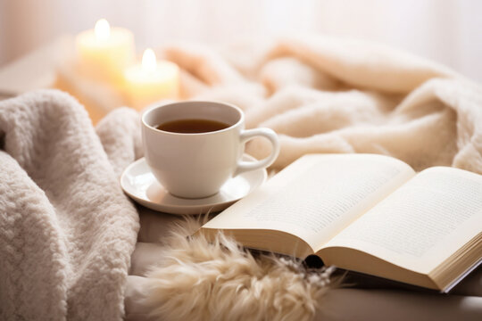 hot cup of coffee and open book surrounded by a fluffy blanket on bed on a cold winter day. relaxati
