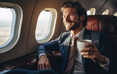 Wall Mural - Smiling businessman holding a cup and looking at window in a private plane. Generative AI