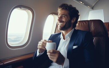 Wall Mural - Smiling businessman holding a cup and looking at window in a private plane. Generative AI