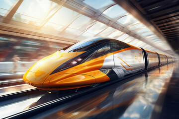 A white and orange express train traveling through a train station. Boarding platform at the railway station.